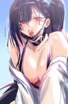  1girl absurdres azur_lane bare_shoulders bikini black_bikini black_choker black_hair black_mask breasts choker cleavage collarbone eyes_visible_through_hair hair_between_eyes hair_over_one_eye highres jacket large_breasts mask mole mole_under_eye mouth_mask official_alternate_costume one_side_up open_mouth red_eyes saki_(remainaddd) sketch solo swimsuit teeth tongue tongue_out upper_teeth_only west_virginia_(azur_lane) west_virginia_(retrofit)_(azur_lane) west_virginia_(scenic_rhapsody)_(azur_lane) wet white_jacket 
