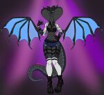  absurd_res anthro breasts claws clothed clothing cobra digital_media_(artwork) female footwear garter_belt garter_straps grey_body hi_res horn looking_at_viewer membrane_(anatomy) membranous_wings non-mammal_breasts reptile rinkamo scalie simple_background smile snake snake_hood solo tail wings 
