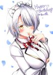  arm_under_breasts blazer blush bow bowtie breasts chartreux_westia falling_petals finger_to_mouth frilled_sleeves frills hair_over_one_eye happy_birthday jacket kishuku_gakkou_no_juliet large_breasts petals red_bow red_bowtie ryopa shirt short_hair tiara upper_body white_hair white_jacket white_shirt yellow_eyes 