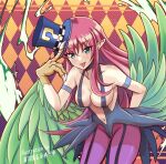  1girl artist_name bare_shoulders breasts claws colored_skin duel_monster feathered_wings green_eyes harpie_lady harpie_lady_1 harpy hat highres holding holding_clothes holding_hat large_breasts long_hair magical_hats monster_girl pointy_ears red_hair slingshot_swimsuit solo swimsuit tongue tongue_out top_hat usuba-kagerou@syugyoutyuu winged_arms wings yu-gi-oh! 