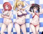  3girls arm_under_breasts arm_up ass_visible_through_thighs ayase_eli bare_arms bare_shoulders bikini black_hair blonde_hair blue_background blue_eyes blush bow breasts breath cameltoe checkered_background cleavage closed_mouth collarbone commentary_request cutie_panther double_w flat_chest grin hair_bow hair_twirling hand_up highres large_breasts long_hair looking_at_viewer love_live! love_live!_school_idol_project medium_breasts medium_hair micro_bikini multiple_girls navel nishikino_maki parted_lips playing_with_own_hair ponytail pretzel_bikini purple_bikini purple_eyes r-binon red_bikini red_bow red_eyes red_hair side-tie_bikini_bottom sidelocks smile standing stomach string_bikini striped striped_bikini sweat sweatdrop swimsuit thighs tile_wall tiles twintails w wet white_bikini yazawa_nico 