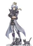 1boy 7wn9b animal animal_on_head blue_eyes boots carrying cat closed_mouth coat fingerless_gloves full_body glasses gloves grey_coat grey_footwear grey_gloves grey_hair grey_pants highres jin_(xenoblade) long_hair male_focus on_head pants shadow simple_background solo spiked_hair standing white_background xenoblade_chronicles_(series) xenoblade_chronicles_2 xenoblade_chronicles_2:_torna_-_the_golden_country 