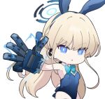  1girl animal_ears blonde_hair blue_archive blue_bow blue_eyes blue_hairband blue_leotard bow chibi collar commentary_request detached_collar earpiece earrings electricity hairband halo jewelry leotard long_hair nyaru_(nyaru_4126) playboy_bunny rabbit_ears rabbit_tail simple_background solo strapless strapless_leotard stud_earrings tail toki_(blue_archive) v-shaped_eyebrows very_long_hair white_background white_collar wing_collar 