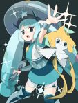  1girl :o commentary_request dress eyelashes green_eyes green_hair green_headwear hat hatsune_miku highres holding holding_instrument instrument jirachi kanno_(kan_save) long_hair open_mouth pokemon pokemon_(creature) project_voltage short_sleeves shorts steel_miku_(project_voltage) teeth thighhighs tongue twintails upper_teeth_only vocaloid 