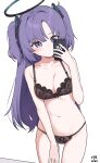  1girl artist_name black_bra black_panties blue_archive blush bra breasts cleavage collarbone dated embroidered_bra halo highres holding holding_phone long_hair looking_at_phone medium_breasts myeolchi navel panties phone purple_eyes purple_hair selfie signature solo stomach string_panties sweatdrop two_side_up underwear underwear_only very_long_hair yuuka_(blue_archive) 