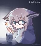  1girl :&lt; animal_ears arknights chopsticks closed_mouth coat commentary_request cup_ramen disembodied_limb fox_ears fox_girl glasses holding holding_chopsticks looking_at_viewer oudonium pink_hair solo sussurro_(arknights) white_coat 