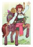  1girl :d ahoge animal_ears arm_up bag belt branch breasts brown_belt brown_eyes brown_hair canteen centaur cleavage dungeons_and_dragons earrings english_commentary framed_breasts freckles full_body gem grass green_vest hair_between_eyes highres horse_ears horse_tail jewelry large_breasts leg_warmers long_sleeves looking_at_viewer monster_girl multiple_legs open_mouth original plant pouch sheath sheathed shirt short_hair sidelocks single_earring smile solo staff standing standing_on_three_legs sword tail taur teeth upper_teeth_only valornomad vest weapon white_shirt 