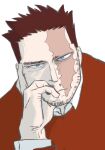  1boy alternate_costume artist_request beard beard_stubble boku_no_hero_academia bored collared_shirt endeavor_(boku_no_hero_academia) facial_hair highres jitome looking_at_viewer male_focus mature_male red_sweater scar scar_across_eye shirt short_hair sideburns solo spiked_hair stubble sweater thick_eyebrows upper_body 