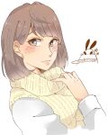  1girl blush breasts brown_eyes closed_mouth commentary_request hair_behind_ear highres kashikaze kusuda_aina long_sleeves looking_at_viewer medium_breasts real_life scarf signature simple_background solo sweater upper_body voice_actor white_background white_sweater yellow_scarf 