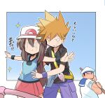  1girl 2boys black_shirt black_wristband blue_oak brown_hair hair_between_eyes hat leaf_(pokemon) long_hair miniskirt multiple_boys necktie outstretched_arms pants pokemon pokemon_(game) pokemon_frlg purple_pants purple_wristband rascal red_skirt sailor sailor_(pokemon) shirt short_hair skirt smile solid_oval_eyes spiked_hair split_mouth spread_arms titanic_(movie) translation_request white_headwear 