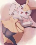  1girl :3 animal_ear_fluff animal_ears animal_feet animal_nose black_fur body_fur braixen commentary dutch_angle ear_piercing earrings fang flat_chest fox_ears fox_girl fox_tail furry furry_female hands_up happy highres jewelry jumping legs_together looking_at_viewer multicolored_fur multiple_earrings neck_fur open_mouth pawpads piercing pokemon pokemon_(creature) red_background red_eyes sakuyan_(sakuyan1007) simple_background smile snout solo stick tail thick_thighs thighs white_fur wide_hips yellow_fur 