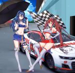  2girls blue_eyes blue_hair boots breasts car checkered_flag cleavage commission cropped_jacket elbow_gloves fire_emblem fire_emblem_awakening flag gloves headset highres holding holding_flag hooters igni_tion long_hair looking_at_viewer lucina_(fire_emblem) motor_vehicle multiple_girls multiple_straps nascar nintendo parasol race_queen race_vehicle racecar racetrack red_eyes red_hair severa_(fire_emblem) sitting_on_car skirt thighhighs umbrella 