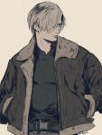 1boy black_shirt brown_hair curtained_hair fune_(nkjrs12) hands_in_pockets highres jacket leather leather_jacket leon_s._kennedy male_focus profile resident_evil resident_evil_4 resident_evil_4_(remake) sepia shirt short_hair solo t-shirt 