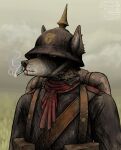  2023 absurd_res ambiguous_gender anthro arkeanthe armor backpack blood bodily_fluids brown_clothing brown_eyes canid canine cigarette cigarette_in_mouth clothed clothing cloudy dated digital_media_(artwork) dirty dirty_clothing english_text fur grey_sky headgear helmet hi_res mammal mud muddy nosebleed object_in_mouth outside plant pouch_(clothing) red_scarf scarf smoke smoking smoking_cigarette soldier soldier_uniform solo text topwear uniform warrior 