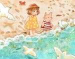  1girl animal barefoot beach blush brown_hair cat child clothed_animal day dress footprints green_eyes ocean oniheya_53 open_mouth original outdoors painting_(medium) polka_dot short_hair traditional_media watercolor_(medium) 