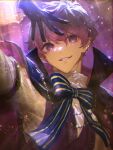  1boy absurdres alexis_ness arm_up black_cape black_gloves blue_bow blue_lock bow cape gloves grin highres long_sleeves looking_at_viewer male_focus purple_background purple_vest red_eyes red_hair shirt short_hair smile solo umiharuayato upper_body vest white_shirt 
