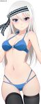  1girl absurdres ass_visible_through_thighs bikini black_thighhighs blue_bikini blue_eyes blush breasts english_commentary hair_ornament highres kaguya-sama_wa_kokurasetai_~tensai-tachi_no_renai_zunousen~ long_hair looking_at_viewer medium_breasts multi-strapped_bikini navel roswell_ss shirogane_kei simple_background solo stomach string_bikini swimsuit thighhighs thighs white_background white_hair 