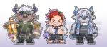  3boys bara beard bespectacled bigfoot_(housamo) blush boogeyman_(housamo) camouflage camouflage_pants chibi deformed facial_hair full_body furry furry_male glasses goatee green_tank_top headband hood hood_up jacket looking_at_viewer male_focus mature_male minotaur multiple_boys muscular muscular_male necktie osu_(osumankokuou) pants pectorals sample_watermark scar shennong_(housamo) short_hair sideburns smile straight-on tank_top thick_eyebrows tokyo_afterschool_summoners watermark 