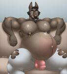 2023 absurd_res anthro areola belly belly_hair biceps big_belly big_bulge big_pecs black_hair body_hair bottomwear bulge canid canine canis claws clothed clothing condom dark_areola dark_lips dark_nipples dark_nose detailed_bulge digital_drawing_(artwork) digital_media_(artwork) english_text eyewear facial_hair fingers fur furniture genital_outline glasses glistening glistening_belly glistening_body glistening_clothing glistening_nipples glistening_pecs glistening_underwear gold_piercing hair hairy_pecs hairy_thighs hi_res laew linea_nigra looking_at_viewer male mammal muscular muscular_male mustache navel nipple_piercing nipples on_sofa open_bottomwear open_clothing open_mouth open_pants outie_navel overweight overweight_male pants pecs penis_outline piercing pink_clothing pink_underwear pregnant pregnant_male ring_piercing scruffy sexual_barrier_device shaded signature simple_background sitting sitting_on_sofa smile sofa soft_shading solo spread_legs spreading sylvain_(laew) teeth text thick_thighs torn_bottomwear torn_clothing torn_pants underwear were werecanid werecanine werewolf wet_lips whisker_spots whiskers wolf yellow_eyes 