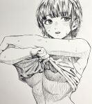  1girl blunt_bangs breasts clothes_lift crossed_arms crosshatching hatching hatching_(texture) highres light_blush looking_to_the_side makki_(tobaccos) medium_breasts monochrome open_mouth original pen_(medium) shirt_lift short_hair solo sweat sweatdrop tank_top traditional_media underboob 