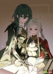  2girls black_cape book book_stack byleth_(female)_(fire_emblem) byleth_(fire_emblem) caicaicaicai_ni_caicai cape desk edelgard_von_hresvelg fire_emblem fire_emblem:_three_houses gloves green_eyes green_hair hair_between_eyes hair_ribbon hand_on_another&#039;s_shoulder highres holding holding_quill light_smile looking_down multiple_girls open_book paper parted_bangs purple_eyes purple_ribbon quill red_cape ribbon side-by-side white_gloves white_hair yuri 