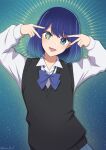  1girl absurdres black_sweater_vest blue_bow blue_bowtie blue_hair bow bowtie collared_shirt commentary_request double_v green_eyes highres hoshino_ai&#039;s_pose kurokawa_akane long_sleeves looking_at_viewer medium_hair mismatched_pupils open_mouth oshi_no_ko pose_imitation ryochan96154 shirt smile solo star-shaped_pupils star_(symbol) sweater_vest swept_bangs symbol-shaped_pupils upper_body v white_shirt 