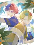  2boys alear_(fire_emblem) alear_(male)_(fire_emblem) alfred_(fire_emblem) alternate_costume blonde_hair blue_eyes blue_hair eyewear_on_head fire_emblem fire_emblem_engage green_eyes hair_between_eyes heterochromia highres looking_at_another male_focus multicolored_hair multiple_boys open_mouth red_eyes red_hair shirt short_hair smile split-color_hair two-tone_hair xun_32 
