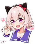  1girl :d animal_ears black_hairband blush bow brown_hair cat_day cat_ears claw_pose collarbone commentary_request curren_chan_(umamusume) ear_bow fang goom_(goomyparty) hair_between_eyes hairband hand_up highres kemonomimi_mode pink_nails purple_eyes red_bow simple_background smile solo twitter_username umamusume white_background 