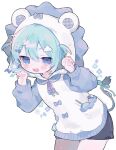  1girl animal_ears animal_hood aqua_hair artist_name blue_eyes blush blush_stickers bow candy claw_pose cloud_hair_ornament commentary cotono_(nazekun) cowboy_shot fake_animal_ears floral_print flower_(symbol) food gao hair_between_eyes hair_ornament hairclip half-closed_eyes hands_up highres hood hood_up hoodie jitome leaning_forward lightning_bolt_symbol lion_hood lion_tail lollipop long_sleeves looking_at_viewer neck_ribbon open_mouth original pastel_colors pocket ribbon sharp_teeth sidelocks simple_background smile solo spoken_lightning_bolt standing swirl_lollipop tail tail_ornament tail_ribbon teeth upper_teeth_only white_background 