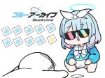  1girl 1other arona&#039;s_sensei_doodle_(blue_archive) arona_(blue_archive) barefoot blue_archive blue_hair blue_shirt bow braid chibi commentary_request copyright_name gameplay_mechanics hair_over_one_eye hair_ribbon hairband halo long_sleeves multicolored_hair nyaru_(nyaru_4126) pink_hair puffy_long_sleeves puffy_sleeves ribbon sailor_collar sensei_(blue_archive) shirt simple_background single_braid skirt squatting streaked_hair sunglasses white_background white_bow white_hairband white_ribbon white_sailor_collar white_skirt 
