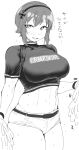  1girl abs absurdres belt blush cheerleader cowboy_shot crop_top cross embarrassed flying_sweatdrops girls_und_panzer girls_und_panzer_senshadou_daisakusen! hairband highres iron_cross kaiman_garupan looking_at_viewer midriff monochrome motion_lines nishizumi_maho official_alternate_costume pom_pom_(cheerleading) short_hair short_shorts shorts sidelocks simple_background solo sweat white_background 