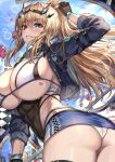 1girl alternate_costume arm_strap ass barghest_(fate) black_gloves blonde_hair blue_eyes blue_jacket blue_skirt blush breasts cenangam checkered_flag commentary_request fate/grand_order fate_(series) fingerless_gloves flag gloves hetero highres huge_breasts jacket long_hair long_sleeves looking_at_viewer looking_back miniskirt outdoors panties parted_lips ponytail race_queen red_eyes skirt smile teeth underboob underwear white_panties 