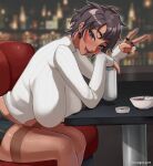  1girl artist_name beer_can black_nails black_skirt blurry blurry_background blush bon_(vtuber) breasts brown_eyes brown_hair brown_thighhighs can cityscape condylonucla dark-skinned_female dark_skin ear_piercing earrings elbow_rest food hanging_breasts highres holding holding_can huge_breasts indie_virtual_youtuber jewelry leaning_on_table looking_at_viewer multicolored_hair multiple_piercings multiple_rings open_mouth piercing pink_hair ribbed_sweater ring sitting skirt sleeves_past_wrists smile solo sweater thighhighs thighs turtleneck turtleneck_sweater v virtual_youtuber white_sweater 