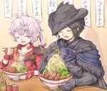  2girls :d alisaie_leveilleur armor black_gloves black_hair black_headwear bowl chopsticks cloak closed_eyes eating final_fantasy final_fantasy_xiv fingerless_gloves food gauntlets gloves hat highres holding holding_chopsticks jacket long_sleeves messy_hair multiple_girls noodles open_mouth pink_hair pointy_ears ponytail ramen red_gloves red_jacket short_hair shoulder_armor sitting smile steam yue_limsa zero_(ff14) 