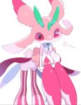  anthro biped black_eyes breasts cleavage clothed clothing female generation_7_pokemon green_body hi_res japanese_text looking_at_viewer lurantis nintendo pink_body pink_sclera pokemon pokemon_(species) pseudo_clothing saamon_1010 simple_background solo text white_background 