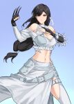  1girl black_hair claw_(weapon) crop_top fighting_stance final_fantasy final_fantasy_vii final_fantasy_vii_ever_crisis fingerless_gloves gloves highres kivavis long_hair low-tied_long_hair official_alternate_costume serious showgirl_skirt solo tifa_lockhart weapon 