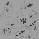  :&lt; ambiguous_gender anthro arched_back bodily_fluids claws drawing drawing_tablet eeveelution generation_1_pokemon gesture hi_res jetta_the_jolteon jolteon lying miau monochrome nintendo on_front pawpads pointing pokemon pokemon_(species) sitting solo speech_bubble sweat text toe_claws wristband 