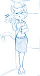  2018 3_claws 3_toes 5_claws 5_fingers :&lt; absurd_res anthro barefoot belt biped blue_and_white bottomwear breasts button_(fastener) cat_tail cheek_tuft chest_tuft claws clothed clothed_anthro clothed_female clothing countershade_face countershading digital_drawing_(artwork) digital_media_(artwork) dipstick_tail domestic_cat dress_shirt emanata eyebrows eyelashes facial_tuft feet felid feline felis female finger_claws fingers flash_emanata full-length_portrait fur hair hi_res holding_object impact_emanata inner_ear_fluff kabula_(artist) knocking looking_at_viewer mammal markings medium_breasts mole_under_eye monochrome onomatopoeia pencil_skirt portrait prick_ears shirt sketch skirt solo sound_effects standing stern tail tail_markings text toe_claws toes topwear tuft 