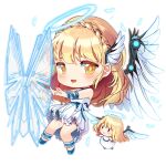  2girls :d arm_ribbon barrier_fairy_(girls&#039;_frontline) blonde_hair blue_choker blue_footwear blue_halo blue_ribbon blush blush_stickers braid chibi choker closed_mouth crown_braid dress energy_barrier energy_shield fairy_(girls&#039;_frontline) feathers frilled_dress frilled_ribbon frills full_body girls&#039;_frontline glowing_feather halo head_wings long_hair looking_at_viewer mechanical_wings multiple_girls official_art open_mouth ribbon saru simple_background single_head_wing sleeveless sleeveless_dress smile third-party_source transparent_background waist_ribbon white_dress white_feathers wings yellow_eyes |_| 