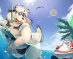  absurd_res anthro belly bottomwear canid canine canis clothing domestic_dog duo fur grey_body grey_fur harima hechaxianzhi hi_res male mammal moobs nipples one_eye_closed overweight palm_tree plant shorts snorkel swimming swimwear tajima_(tamacolle) tamacolle tree water white_body white_fur wink 
