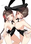  animal_ears black_eyes black_hair black_leotard blush bow bowtie braid breasts brown_eyes brown_hair covered_navel detached_collar fake_animal_ears fake_tail hair_bun hair_ornament hairclip highres kantai_collection large_breasts leotard long_braid long_hair looking_at_viewer myoukou_(kancolle) playboy_bunny rabbit_ears single_braid single_hair_bun small_breasts strapless tail tetsukuzu_(yajirushi_shita) yamashio_maru_(kancolle) 