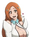  1girl :d artist_name bleach bleach:_the_thousand-year_blood_war breasts brown_eyes brown_hair cleavage cleavage_cutout clothing_cutout collared_shirt cropped_shirt detached_sleeves english_commentary hair_ornament hairpin head_tilt heart highres inoue_orihime large_breasts long_hair mistowing parted_bangs shirt sleeveless sleeveless_shirt smile solo striped striped_shirt upper_body vertical-striped_shirt vertical_stripes white_background white_shirt white_sleeves 