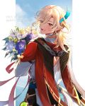  1boy :d ari_(bleum) birthday blonde_hair blue_feathers bouquet cape dated earrings feather_hair_ornament feathers flower from_behind genshin_impact gold_earrings hair_between_eyes hair_ornament happy_birthday highres holding holding_bouquet jewelry kaveh_(genshin_impact) long_sleeves looking_at_viewer low_ponytail male_focus medium_hair orange_eyes ponytail purple_flower red_cape shirt sky smile solo vision_(genshin_impact) white_flower white_shirt 