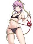  1girl bikini black_bikini breasts cleavage closed_mouth commentary ehehe52921343 groin heart highres index_finger_raised komeiji_satori korean_commentary looking_at_viewer navel pink_eyes pink_hair simple_background small_breasts solo swimsuit third_eye touhou white_background 