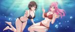  2girls absurdres amayo_thranana bikini black_bikini breasts brown_hair cleavage commission double_v green_eyes highres holding_breath large_breasts multiple_girls navel original osaki_(osakibeats) pink_hair purple_eyes red-framed_eyewear red_bikini semi-rimless_eyewear skeb_commission swimsuit under-rim_eyewear underwater v yuki_(osakibeats) 