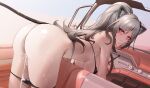  1girl after_sex animal_ears arknights ass bent_over bikini bikini_bottom_pull black_bikini blush breasts car cat_ears cat_girl cat_tail closed_mouth convertible cum cumdrip from_behind from_side grey_hair hanging_breasts heart heart-shaped_pupils highres large_breasts long_hair looking_at_viewer looking_back motor_vehicle schwarz_(arknights) steering_wheel sweat swimsuit symbol-shaped_pupils tail thighs yellow_eyes yunlingluo 