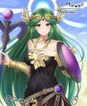  1girl alternate_color armlet artist_name bare_shoulders black_dress blue_halo breasts chain character_request chiton circlet cleavage collarbone commission doiparuni dress forehead_jewel gold_chain green_eyes green_hair halo hand_on_own_chest highres holding holding_staff jewelry kid_icarus kid_icarus_uprising large_breasts long_hair neck_ring official_alternate_costume palutena parted_bangs pendant solo staff strapless strapless_dress super_smash_bros. twitter_username vambraces very_long_hair 