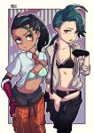  2girls black_bra black_gloves black_hair black_panties bra breasts chichibu_(watson) cleavage clothes_lift clothes_pull collarbone collared_shirt commentary_request gloves green_bra green_hair hand_up highres lifted_by_self long_hair multicolored_hair multiple_girls necktie nemona_(pokemon) orange_necktie orange_shorts panties pants pants_pull pantyhose pokemon pokemon_(game) pokemon_sv ponytail rika_(pokemon) shirt shirt_lift short_sleeves shorts single_glove striped striped_panties two-tone_hair underwear 