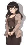  1girl belt black_pants breasts brown-framed_eyewear brown_hair cardigan chocomiru cleavage glass highres long_hair looking_at_viewer medium_breasts open_cardigan open_clothes original own_hands_together pants shadow smile solo white_background 