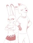  anthro bottomwear breasts canid canine clothing crossed_arms disney duo ears_up female fox frown_eyebrows hi_res judy_hopps lagomorph leporid line_art looking_at_another male male/female mammal nick_wilde rabbit simple_background skirt spoof_(artist) standing white_background zootopia 